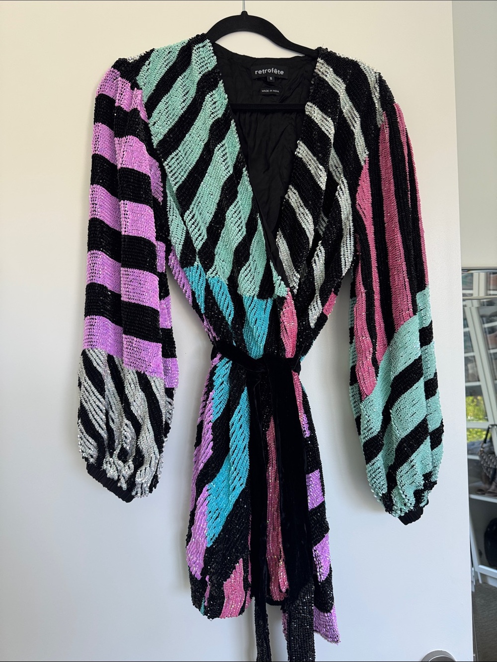 Retrofete Striped Sequin Wrap Dress in Black, Mint, Lavender, Pink